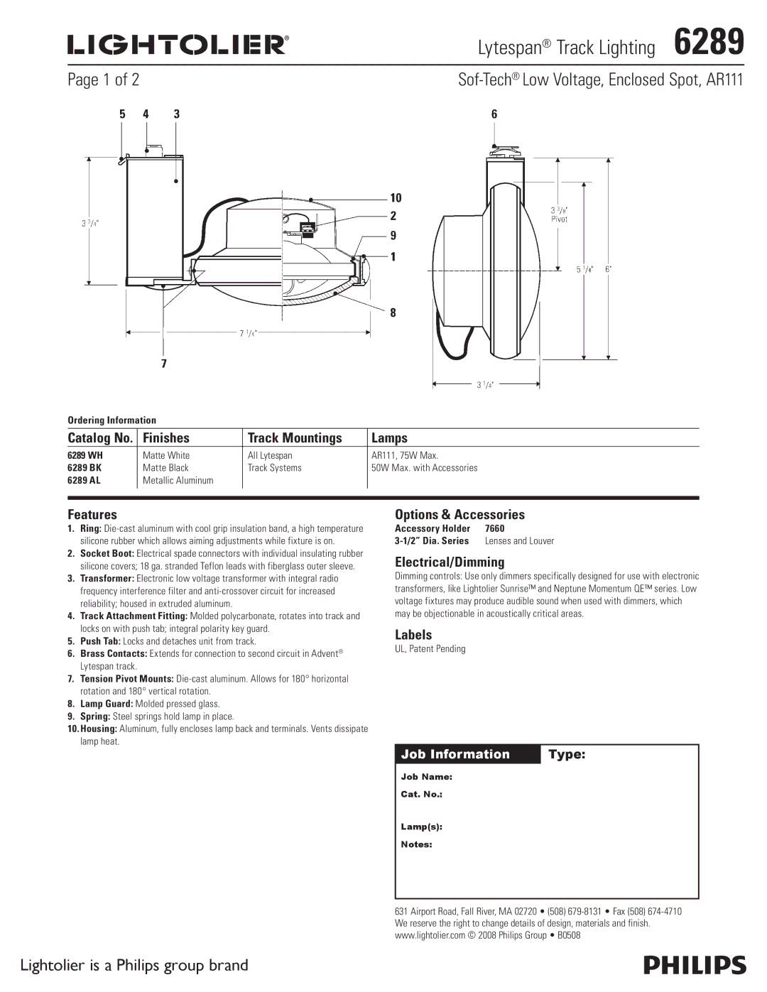 Lightolier 6289 manual Lytespan Track Lighting , Sof-TechLow Voltage, Enclosed Spot, AR111 